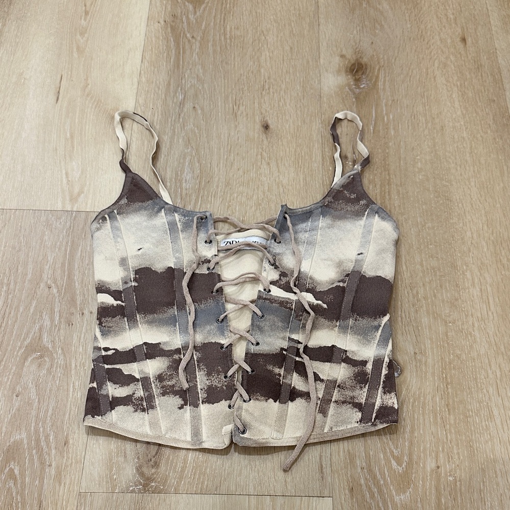 Zara Brown and Cream Lace-Up Corset Top